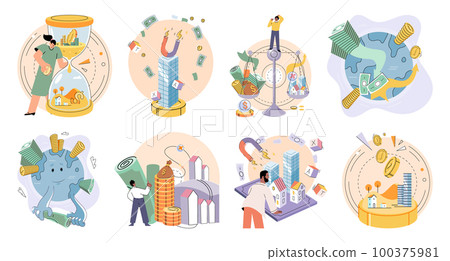 Businessman investor with coins. Employee or entrepreneur puts money in piles, calculates profit Businessman investor with coins. Employee or entrepreneur puts money in piles, calculates profit 100375981