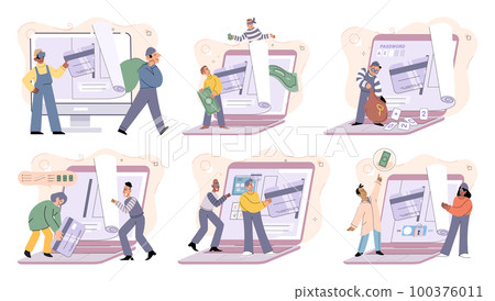 Concept of hacker attack, fraud investigation, internet phishing attack. Fraud prevention Concept of hacker attack, fraud investigation, internet phishing attack. Fraud prevention 100376011