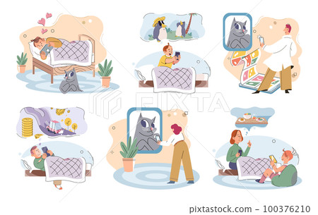 Children at home with phones and tablets set. Kids use gadgets lying in bed before going to sleep 100376210