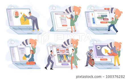 Hacker activity big set. Hacking computer. Phishing account, cyber attack on personal data Hacker activity big set. Hacking computer. Phishing account, cyber attack on personal data 100376282