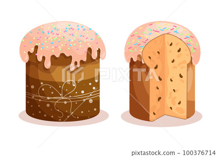 Easter cake set. Cakes with icing, whole and sliced. Easter icons, decor elements, vector Easter cake set. Cakes with icing, whole and sliced. Easter icons, decor elements, vector 100376714