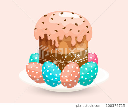 Easter cake with icing and colored Easter eggs. Colorful easter illustration, greeting card, vector Easter cake with icing and colored Easter eggs. Colorful easter illustration, greeting card, vector 100376715