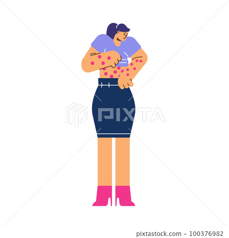 Woman suffering from red, itchy and irritated skin - flat vector illustration isolated on white background. Woman suffering from red, itchy and irritated skin - flat vector illustration isolated on white background. 100376982