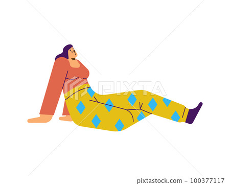 Woman sits on the floor in relaxed and dreamy pose vector illustration isolated. 100377117