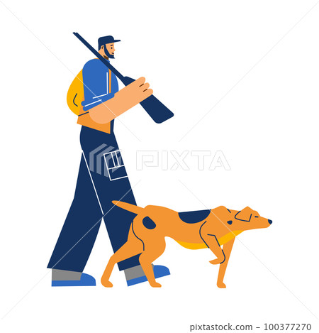 Hunting dog on hunt with man, flat vector illustration isolated on white background. Hunting dog on hunt with man, flat vector illustration isolated on white background. 100377270