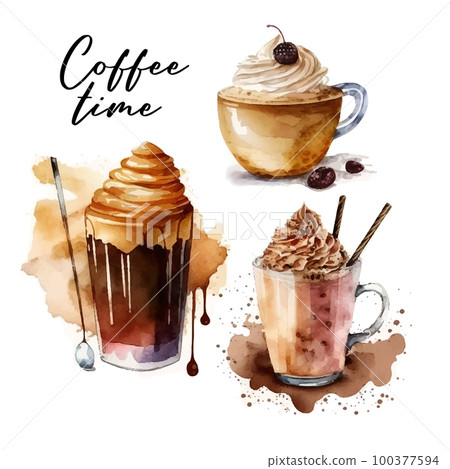 Hand drawn coffee set watercolor illustration on white background for banners,Wallpaper, invitation, posters, brochure, voucher discount, menu Hand drawn coffee set watercolor illustration on white background for banners,Wallpaper, invitation, posters, brochure, voucher discount, menu 100377594