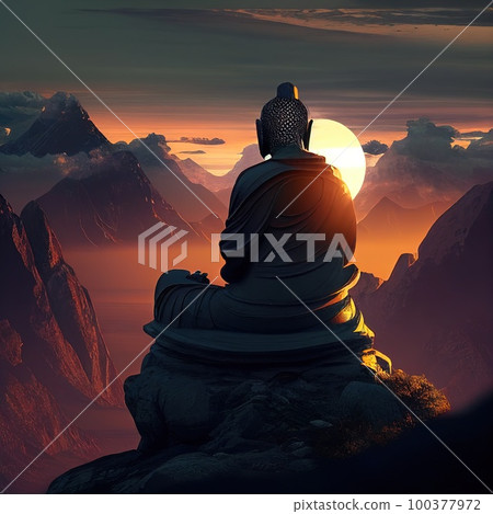 Stone bhudda sitting on mountain top. Generative Ai image Stone bhudda sitting on mountain top. Generative Ai image 100377972