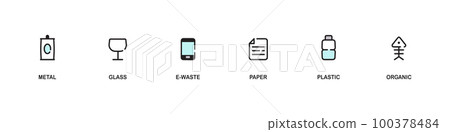 Separate Waste Icons. Recycling system management icons set for print, sticker, label, banner template. Separate garbage pack - metal, glass, electronics, e-waste, electronics, paper, plastic, organic 100378484