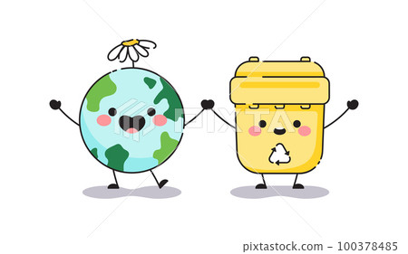 Waste recycling. Dumpster waste bin with recycling sign and clean happy planet Earth. Illustration on the theme of protecting nature and saving the planet ecology from garbage. 100378485