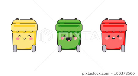 Cue vector waste bins. Cartoon yellow green red garbage bins set. Trash cans with faces and happy smiles. Dustbin containers on white background. 100378500