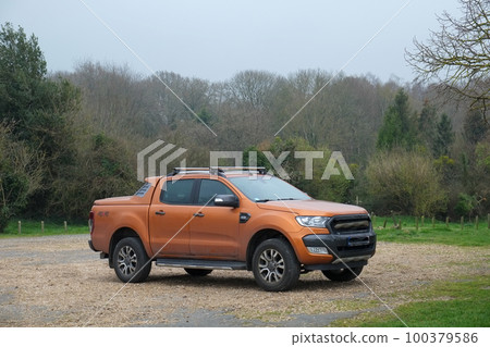 Pick up truck parked in a natural landscape Pick up truck parked in a natural landscape 100379586