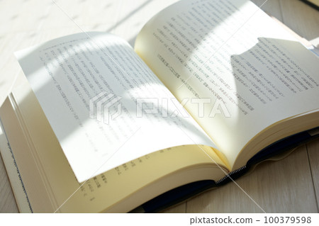 A thick book opened on the floor in a bright room 100379598