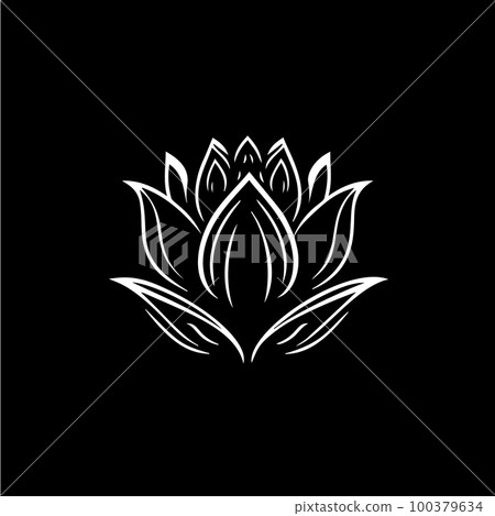 Minimalistic waterlily logo template, white icon of lotus petals flower silhouette on black background, yoga logotype concept, cosmetic emblem, tattoo. Vector illustration 100379634