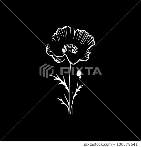 Poppy flower logo template, white icon of blossom poppy petals silhouette on black background, boutique logotype concept, cosmetic emblem, tattoo. Vector illustration 100379641