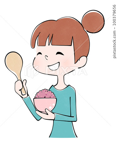 Illustration of a woman serving millet rice Illustration of a woman serving millet rice 100379656