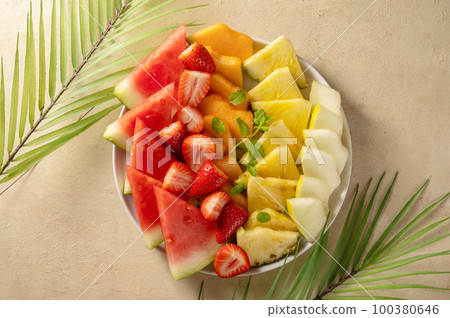 Summer fresh fruits assortment platter antipasti, watermelon, pineapple, melon and strawberries. Summer fresh fruits assortment platter antipasti, watermelon, pineapple, melon and strawberries. 100380646