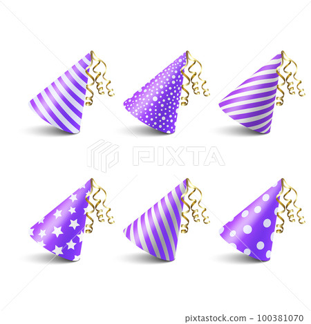 Vector 3d Realistic Purple and White Birthday Party Hat Icon Set Isolated on White Background. Party Cap Design Template for Party Banner, Greeting Card. Holiday Hats, Cone Shape, Front View Vector 3d Realistic Purple and White Birthday Party Hat Icon Set Isolated on White Background. Party Cap Design Template for Party Banner, Greeting Card. Holiday Hats, Cone Shape, Front View 100381070