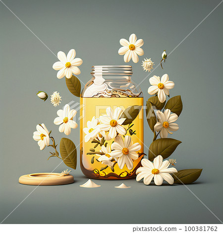 A Serene Pale Blue Background with an open Jar of Honey, Encircled by Chamomile Flowers and Leaves, Conveying Natural Beauty and Tranquility A Serene Pale Blue Background with an open Jar of Honey, Encircled by Chamomile Flowers and Leaves, Conveying Natural Beauty and Tranquility 100381762