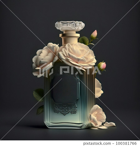 Romantic Concept Beautiful Glass Blue Perfume Bottle with Pink Rose Flowers on a Dark Background 100381766