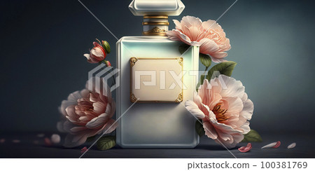 An Exquisite Perfume Bottle Adorned with Peony Flowers on a Dark Blue Background 100381769