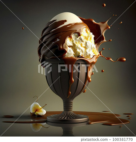 A Melting Sundae with Vanilla Ice Cream, Chocolate Sauce, and Whipped Cream 100381770