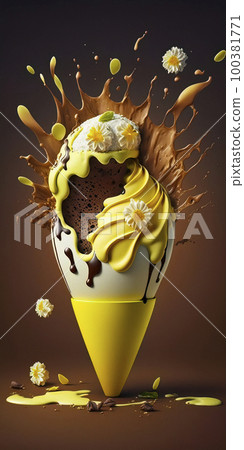 A Colorful and Whimsical Ice Cream Sundae in a Cone Overflows with Layers of Chocolate and Yellow Cream and an Assortment of Toppings, Exuding Joy and Indulgence 100381771