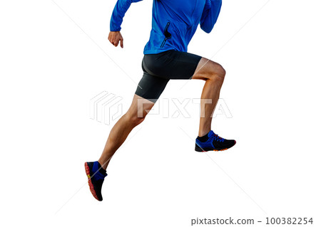 male runner in blue windbreaker and black tights running uphill, cut silhouette on white background, sports photo 100382254