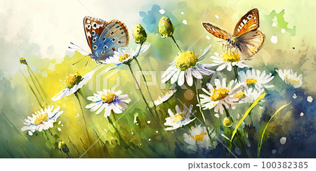 Watercolor painting of a spring meadow full of blooming flowers and butterflies. Spring aquarelle wallpaper. Floral background 100382385