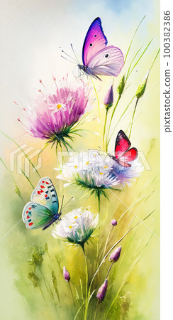 Watercolor painting of a spring meadow full of blooming flowers and butterflies. Spring aquarelle wallpaper. Floral background Watercolor painting of a spring meadow full of blooming flowers and butterflies. Spring aquarelle wallpaper. Floral background 100382386