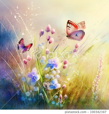 Watercolor painting of a spring meadow full of blooming flowers and butterflies. Spring aquarelle wallpaper. Floral background 100382387