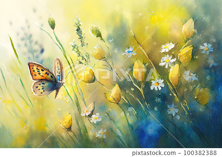 Watercolor painting of a spring meadow full of blooming flowers and butterflies. Spring aquarelle wallpaper. Floral background 100382388