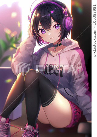 A girl who sits down and listens to music with headphones "AI generated image" 100382981
