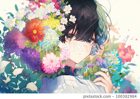 Gentle smile of a man wrapped in bright and colorful flowers "AI-generated image" Gentle smile of a man wrapped in bright and colorful flowers "AI-generated image" 100382984