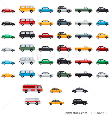 Pixel art cars collection. Different type and colour vehicles. Ambulance, police car, taxi cab and fire truck. Vector illustration. Pixel art cars collection. Different type and colour vehicles. Ambulance, police car, taxi cab and fire truck. Vector illustration. 100382992