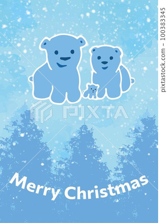 Christmas card bear family. Blue color. Background with christmas trees and snowfall. Vector illustration. Christmas card bear family. Blue color. Background with christmas trees and snowfall. Vector illustration. 100383345