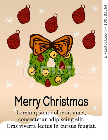 Christmas beige card template. Doodle colors elements. Yellow, dark red and green colors. Vector illustration. Christmas beige card template. Doodle colors elements. Yellow, dark red and green colors. Vector illustration. 100383364