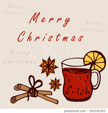 Christmas card drinks and spices. Beige, red, orange color doodle style. Cup with hot drink, orange, cinnamon sticks, vanilla. Vector illustration. Christmas card drinks and spices. Beige, red, orange color doodle style. Cup with hot drink, orange, cinnamon sticks, vanilla. Vector illustration. 100383365