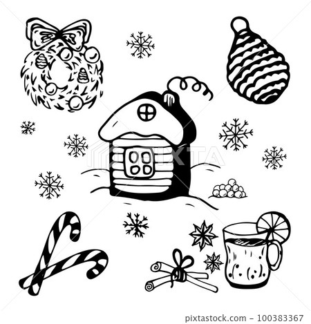Doodle Winter. Christmas wreath tree toy, caramel, grog hot drink, rustic house. Vector illustration Doodle Winter. Christmas wreath tree toy, caramel, grog hot drink, rustic house. Vector illustration 100383367