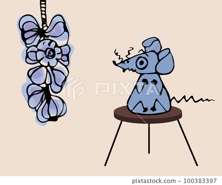The gray mouse sits on a stool and is afraid of garlic. Emotional baby illustration in color doodle style vector The gray mouse sits on a stool and is afraid of garlic. Emotional baby illustration in color doodle style vector 100383397