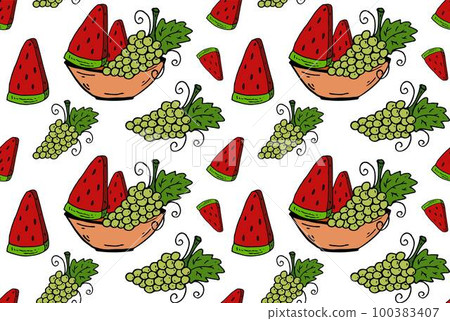 Grape and watermelon on the plate seamless pattern. Doodle colorful Vector image endless. 100383407