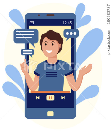 Male blogger with a microphone in the screen of a smartphone. Flat style illustration, vector 100383787