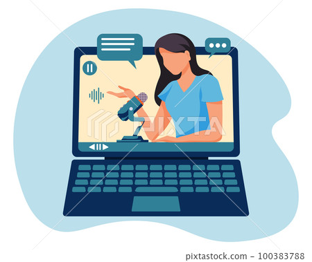 Woman blogger with microphone in computer screen. Flat style illustration, vector 100383788