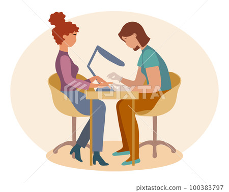Nail salon. Woman manicurist works with a client. Business concept. Illustration, vector Nail salon. Woman manicurist works with a client. Business concept. Illustration, vector 100383797
