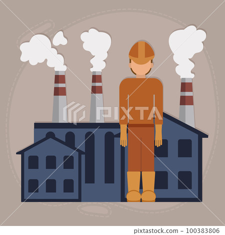 A man worker in uniform and a helmet and a factory with smoking chimneys. Vector, illustration in flat cartoon style 100383806