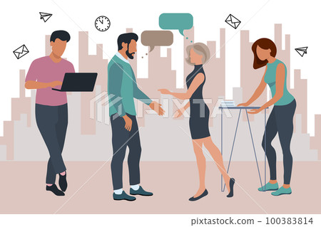 Teamwork concept. Young male and female managers, office workers with computers. Business concept. Illustration, vector 100383814
