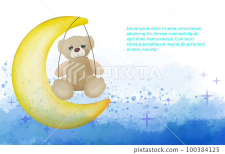 Cute teddy bear on the moon swing rides Crescent moon watercolor illustration. 100384125