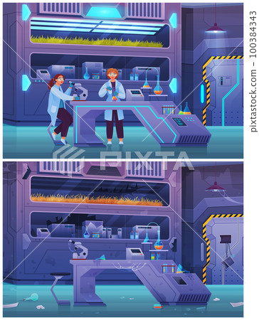 Scientific research chemical laboratory before and after destruction, scientists experimenting 100384343