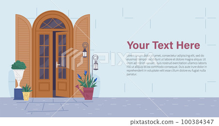 Facade door house exterior entrance. Front view from street. Opened home entry exterior, doorway 100384347