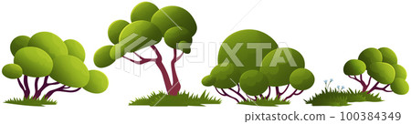Green trees flat vector forest. Beautiful green leaves, bushes, grass on glade. Spring time trees Green trees flat vector forest. Beautiful green leaves, bushes, grass on glade. Spring time trees 100384349