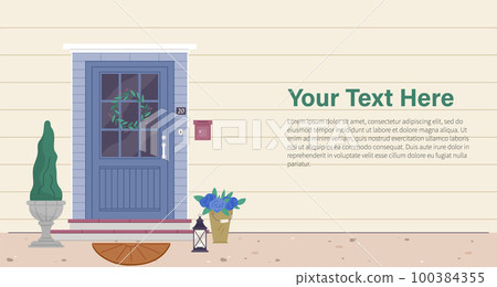 Facade door house exterior. front view from street. Closed home entrance exterior with potted plants 100384355